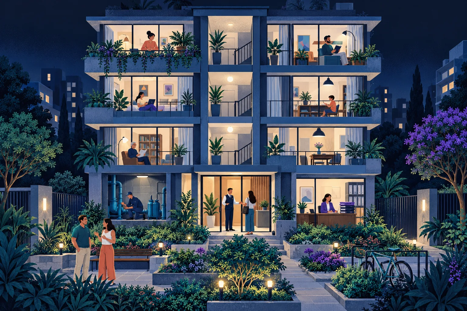Edificio residencial ilustrado al anochecer, con vecinos en sus apartamentos, un técnico revisando equipos, un visitante en portería y una administradora en su oficina.